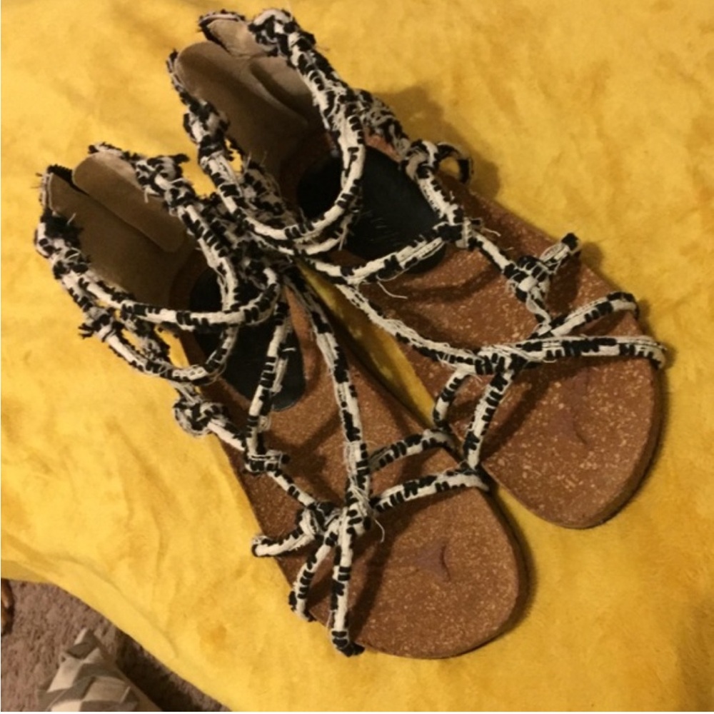 Free People Redlands Black and White Strappy Sandals Cork Footbed 39